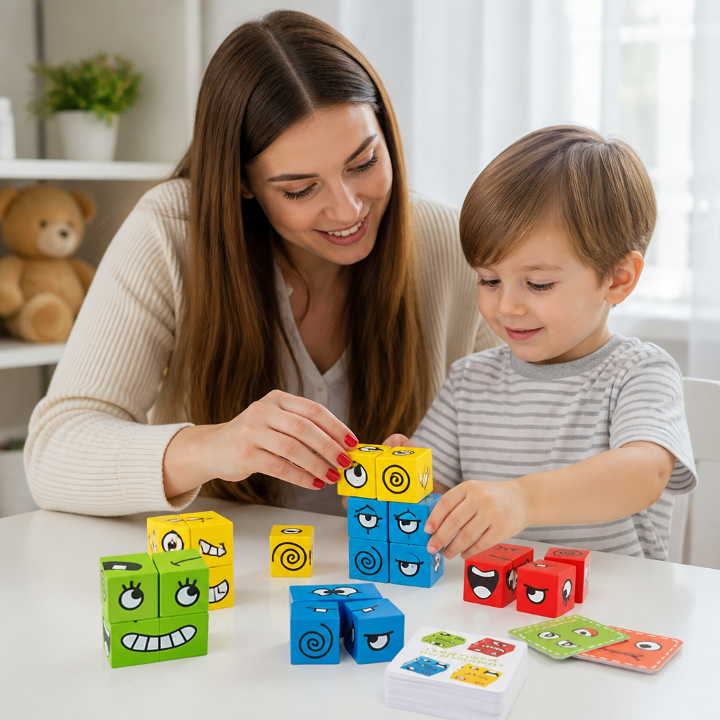 Non-Toxic Solid Wood Building Blocks (Emotion Faces)