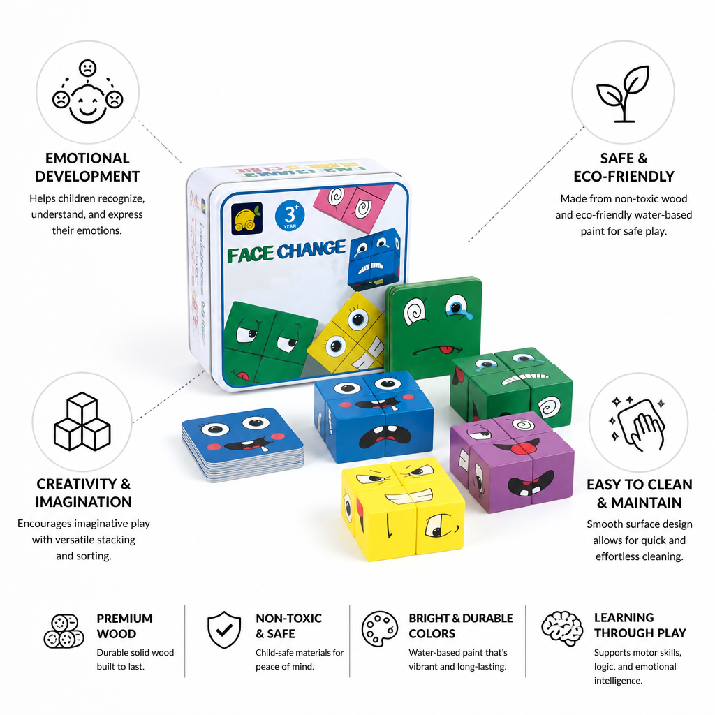 Non-Toxic Solid Wood Building Blocks (Emotion Faces)