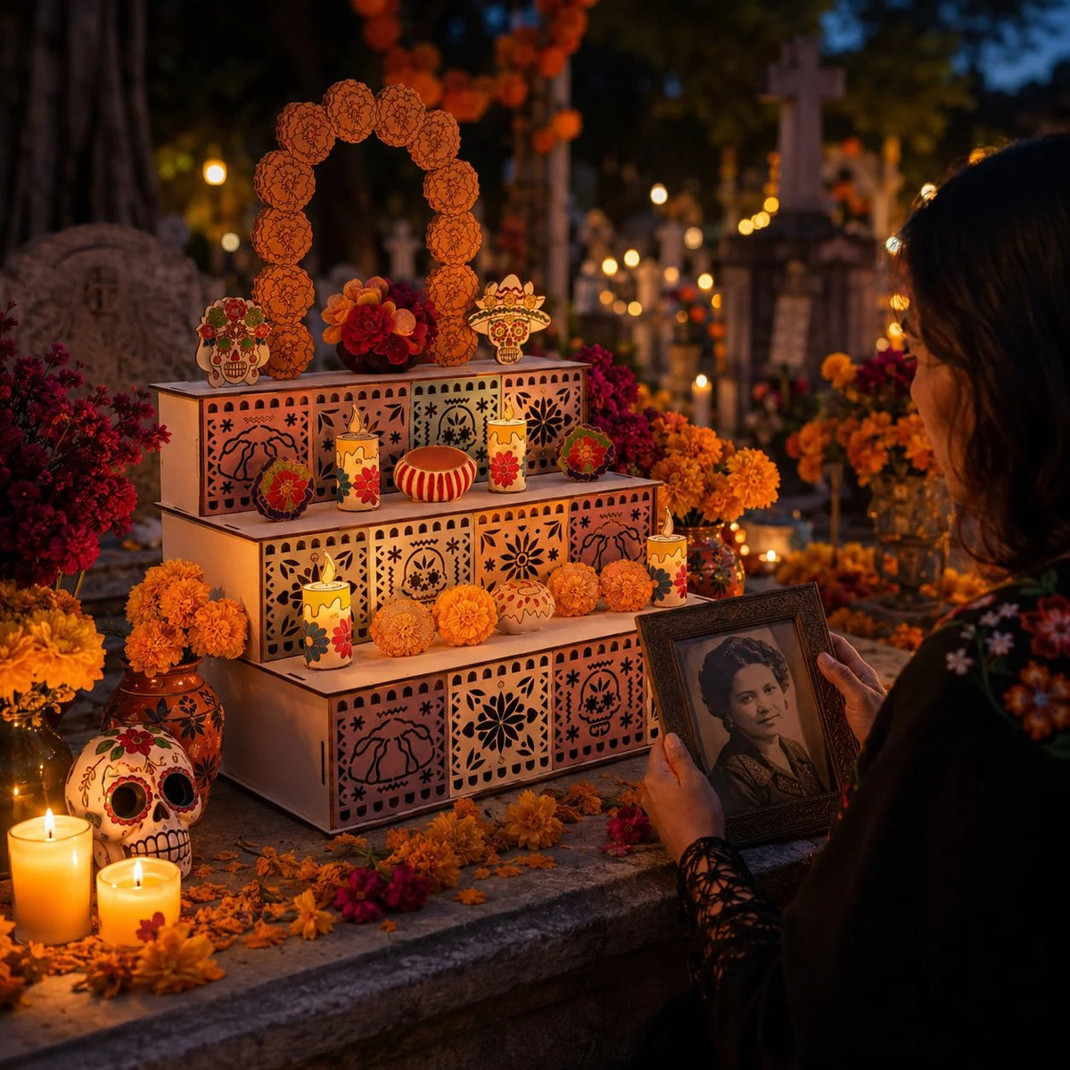 Ofrenda Altar Display Wooden Three-Tier Tabletop