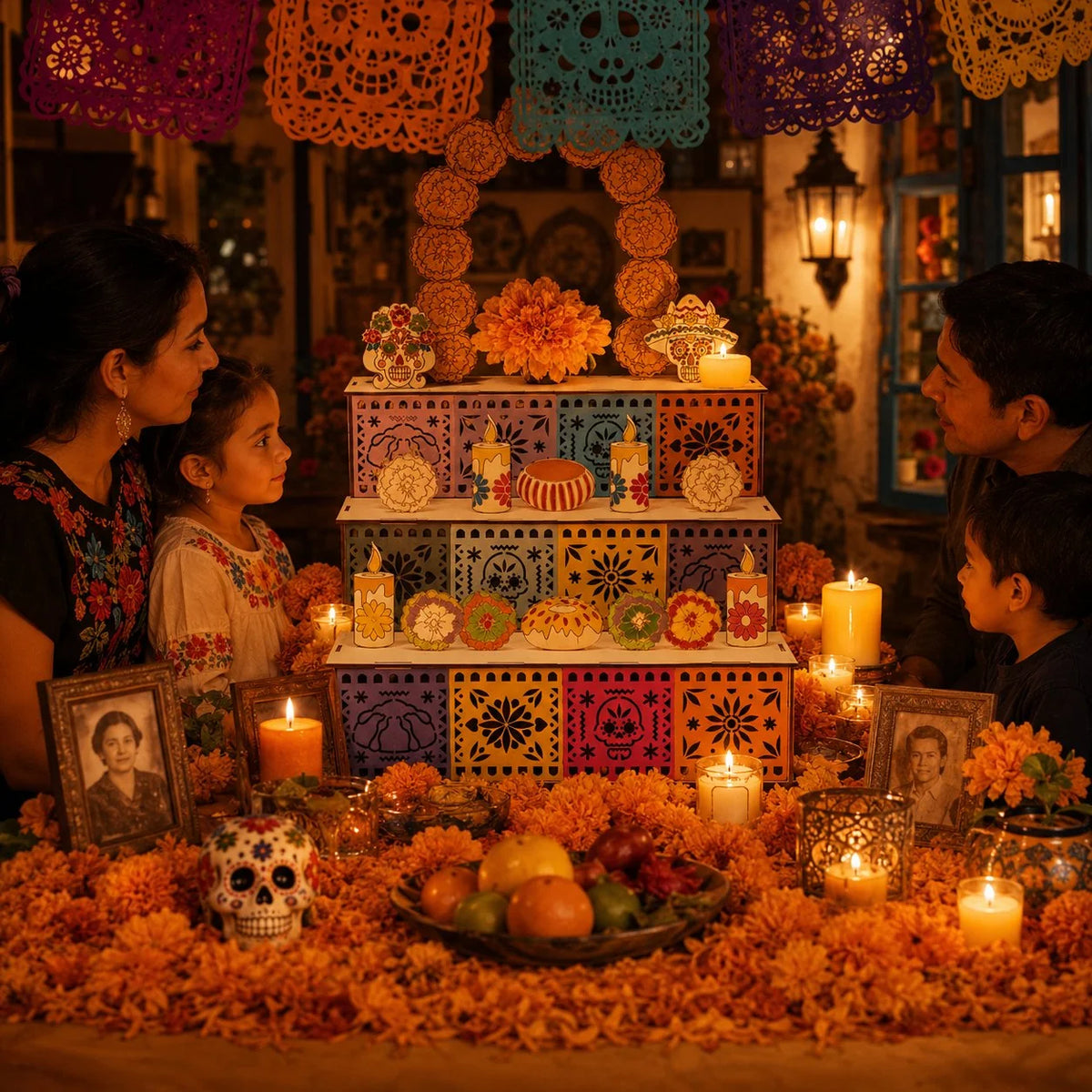 Ofrenda Altar Display Wooden Three-Tier Tabletop