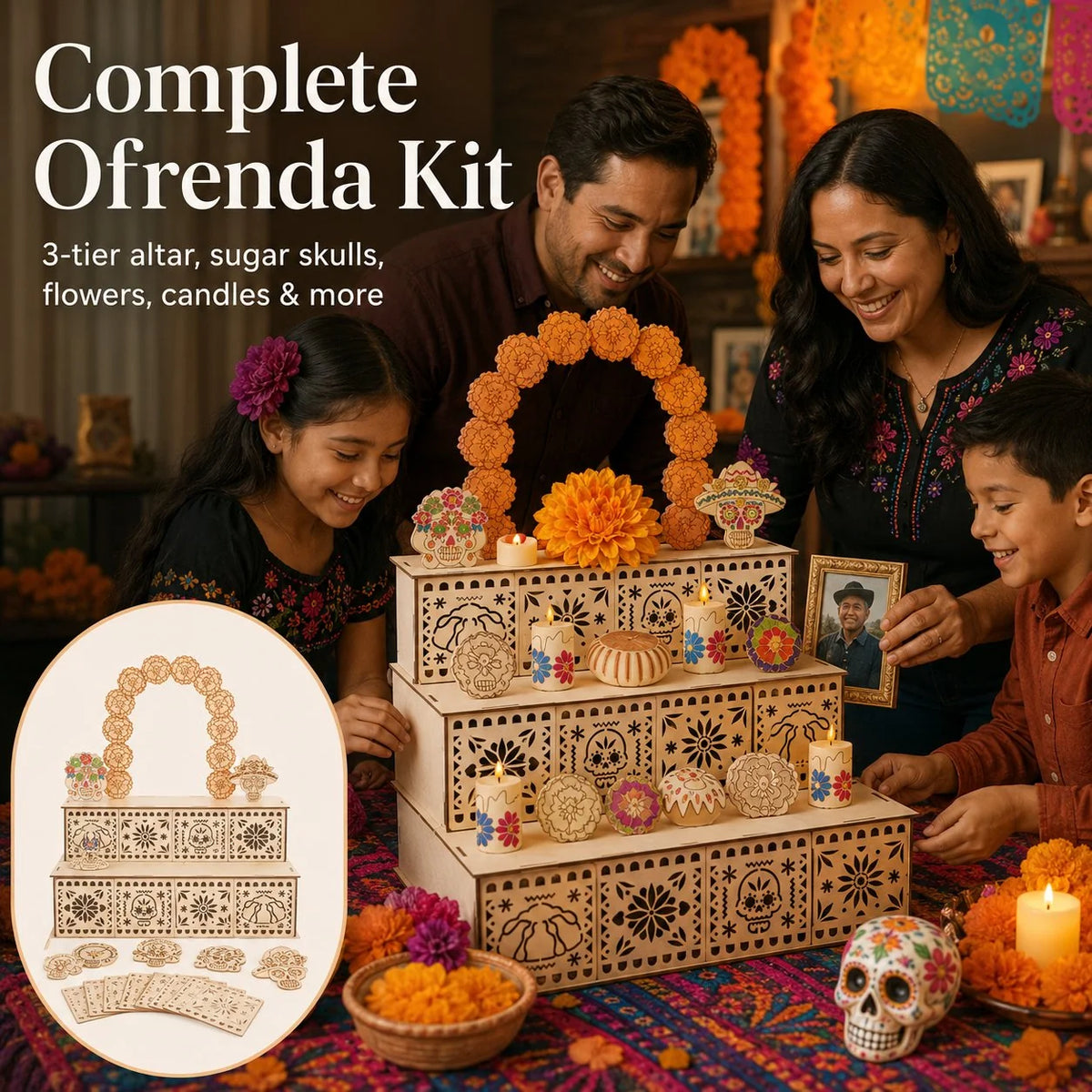 Ofrenda Altar Display Wooden Three-Tier Tabletop