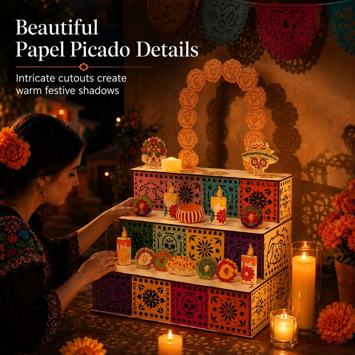 Ofrenda Altar Display Wooden Three-Tier Tabletop