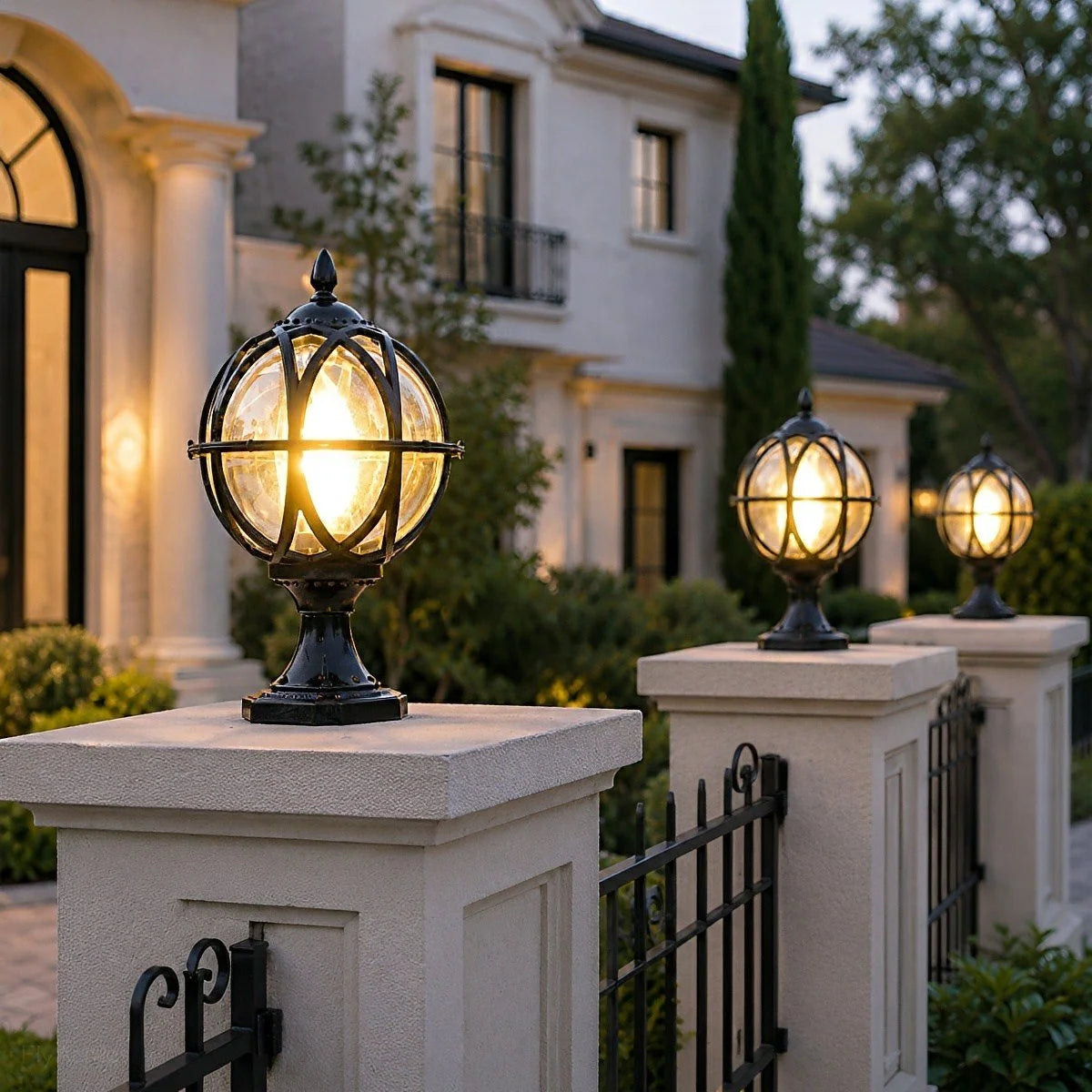 Outdoor Post Light Weather-Resistant Glass Globe Hardwired E27 Socket