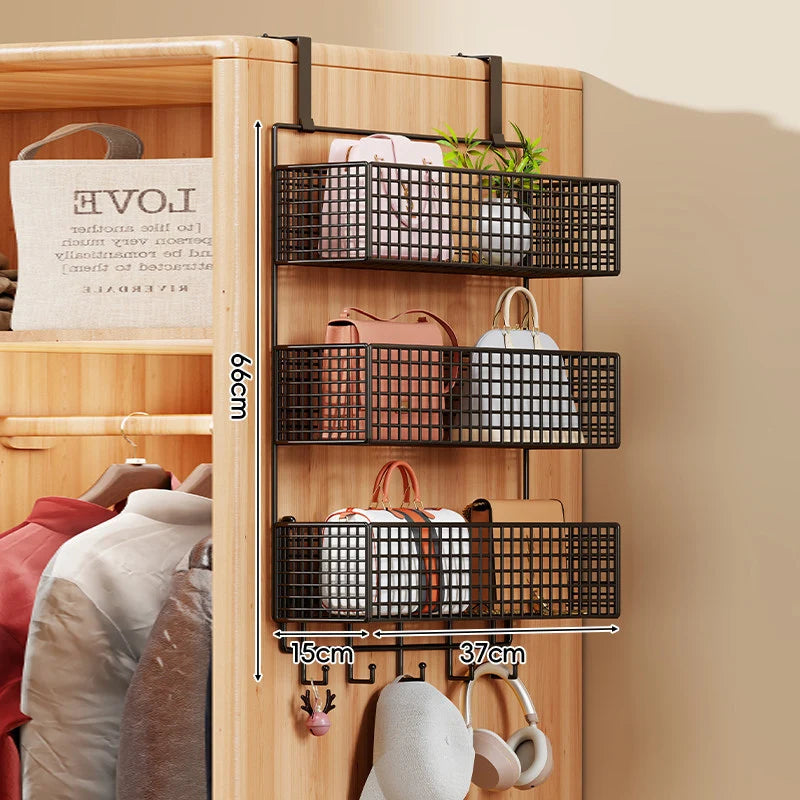 Over-the-Door Storage Organizer Four-Tier Mesh Baskets With Hooks