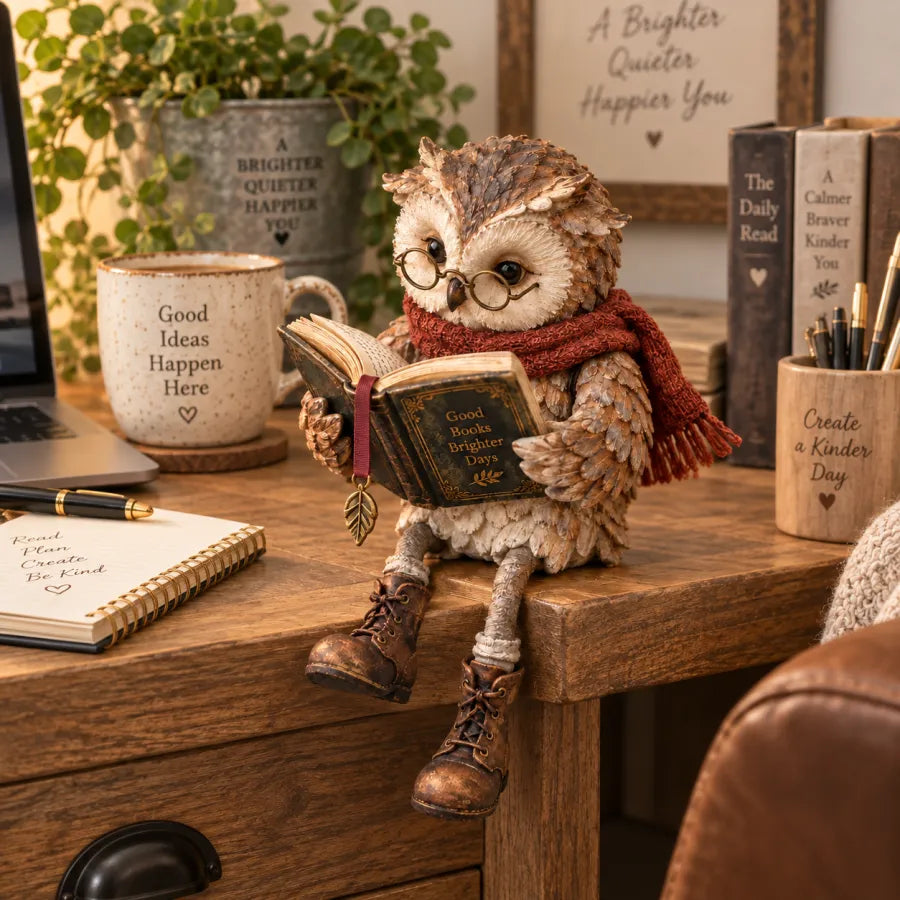 Owl Figurine Reading Design Glasses & Open Book Cozy Decor