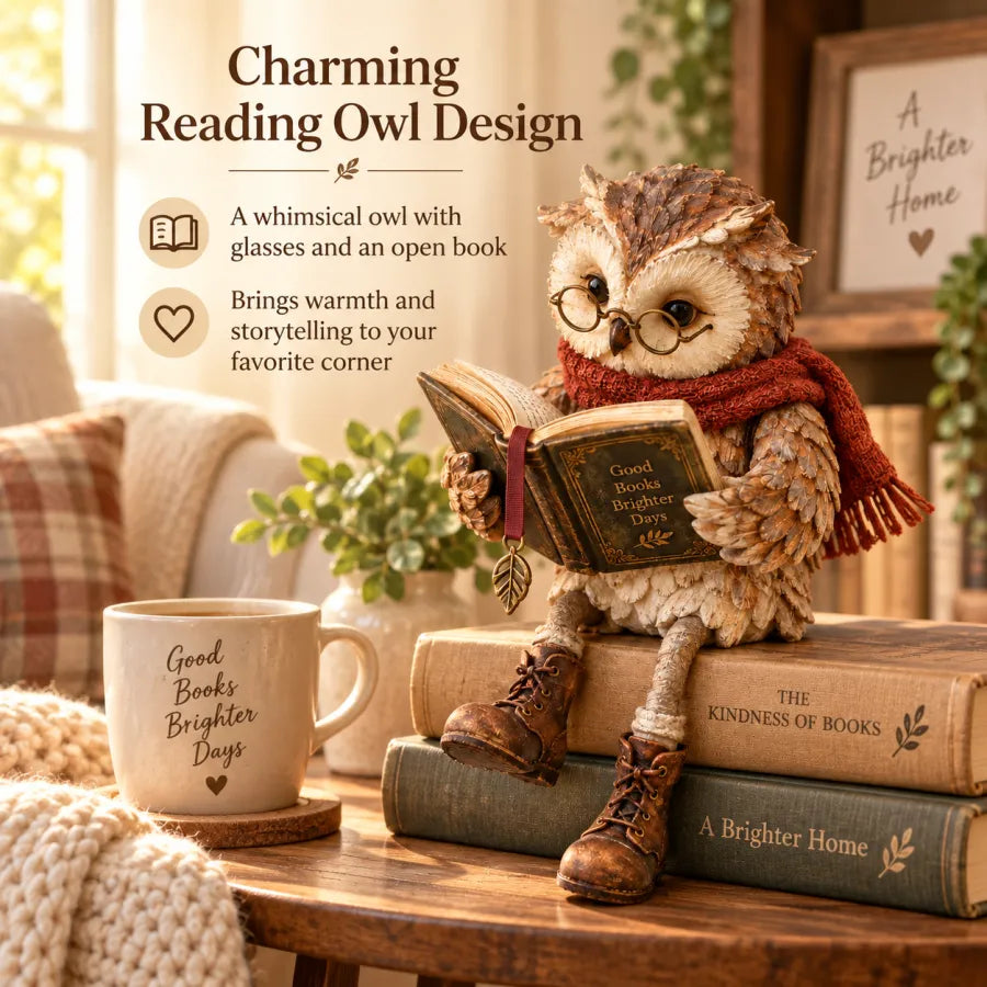 Owl Figurine Reading Design Glasses & Open Book Cozy Decor