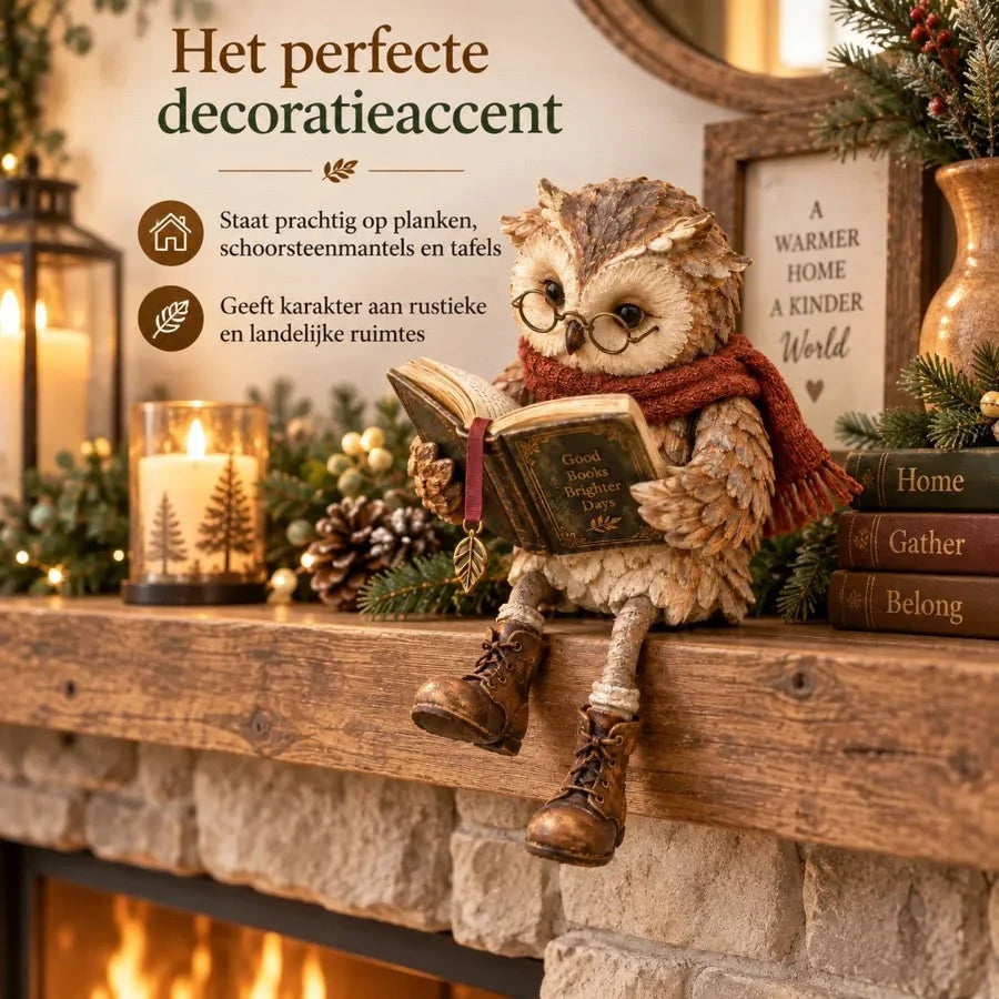 Owl Figurine Reading Design Glasses & Open Book Cozy Decor