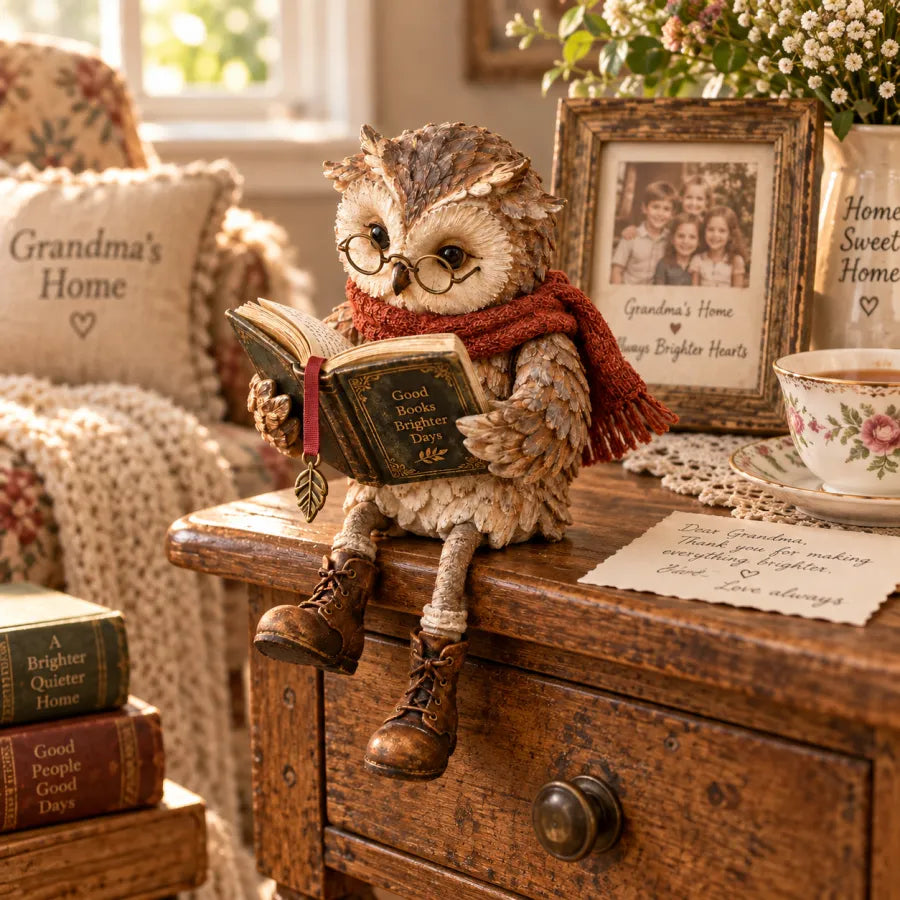 Owl Figurine Reading Design Glasses & Open Book Cozy Decor
