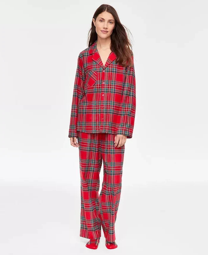 Pajama Set Flannel Cotton Plaid Drawstring Waist