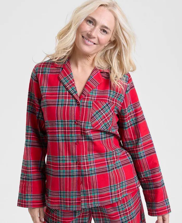 Pajama Set Flannel Cotton Plaid Drawstring Waist