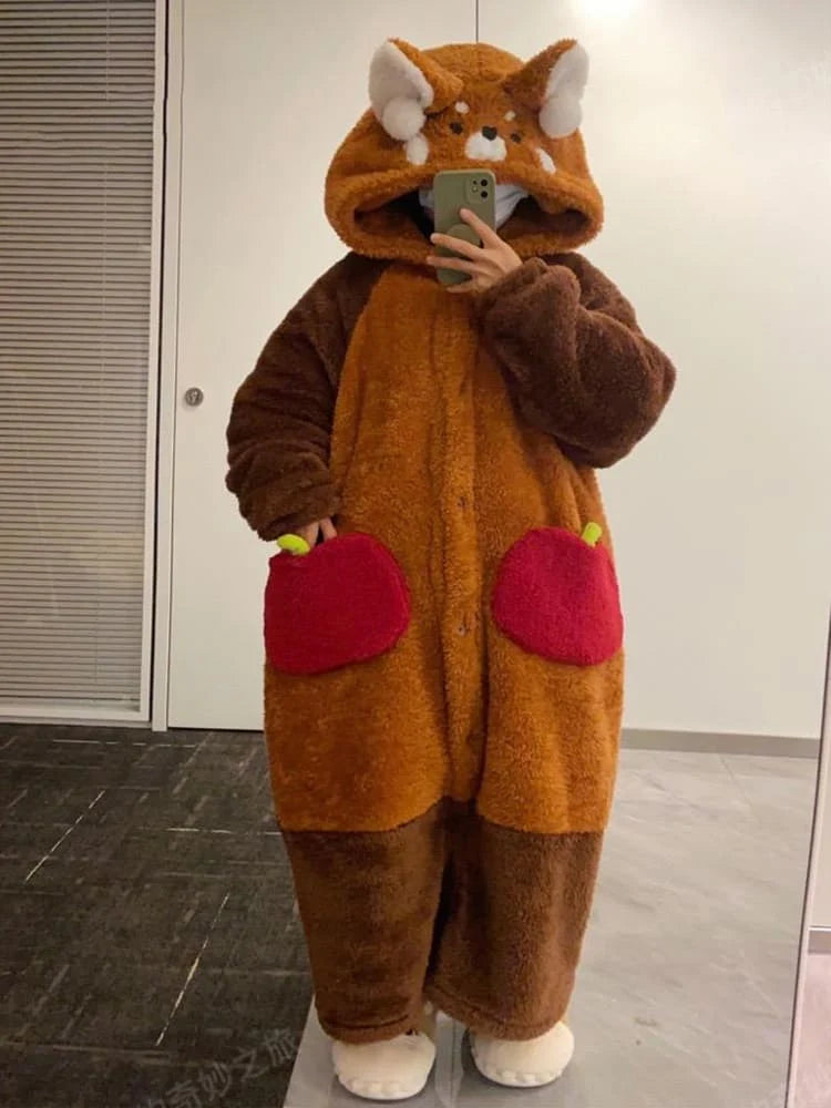 Pajama Set Hooded Red Panda Removable Tail