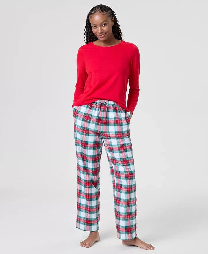 Pajama Set Plaid Flannel Drawstring & Pockets