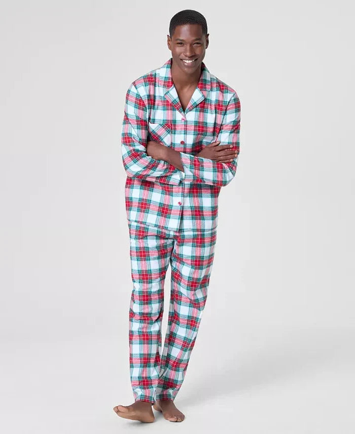 Pajama Set Plaid Woven Cotton Button-Front & Drawstring Waist