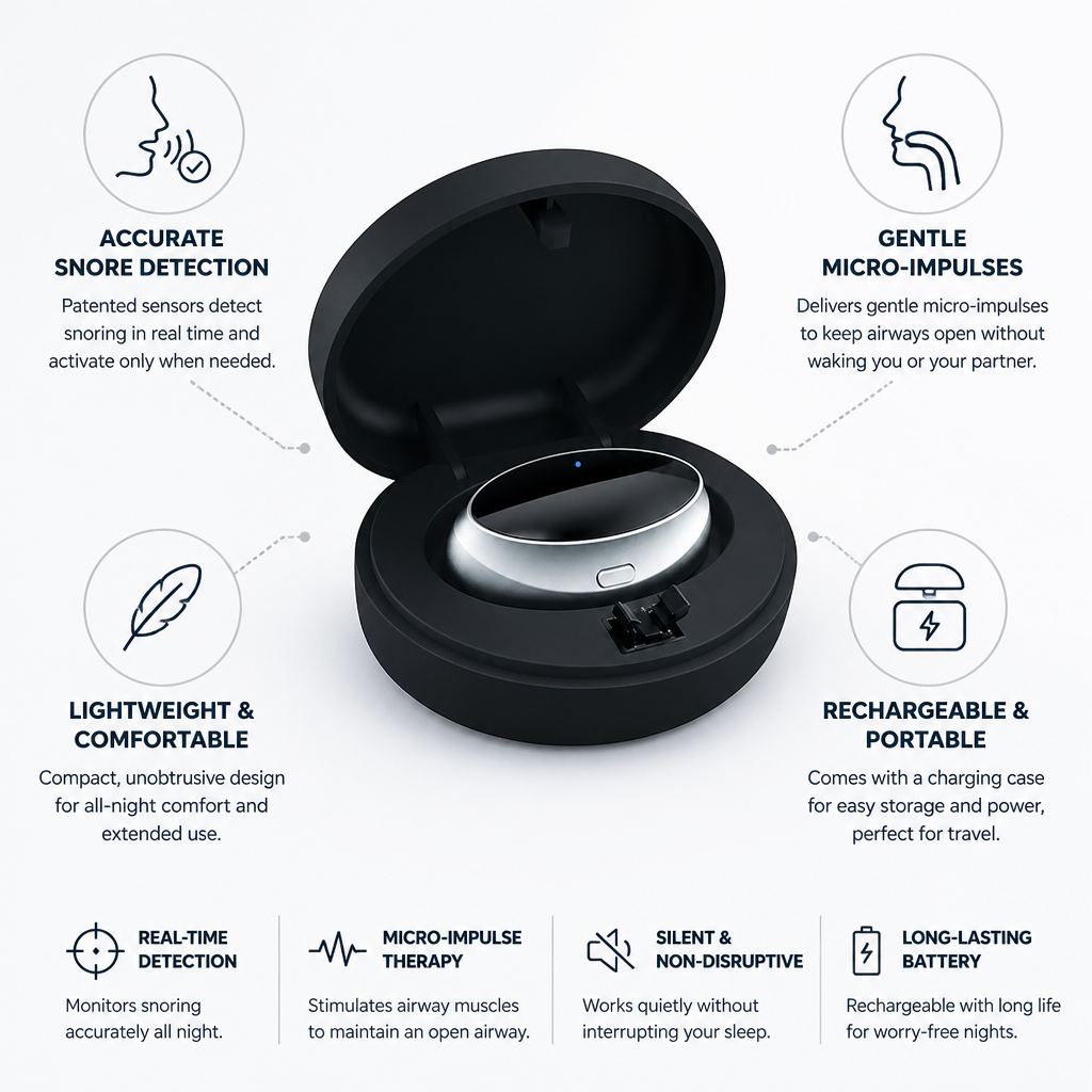 Patented Snore-Detection & Micro-Impulse Chin Clip (With Charging Case)