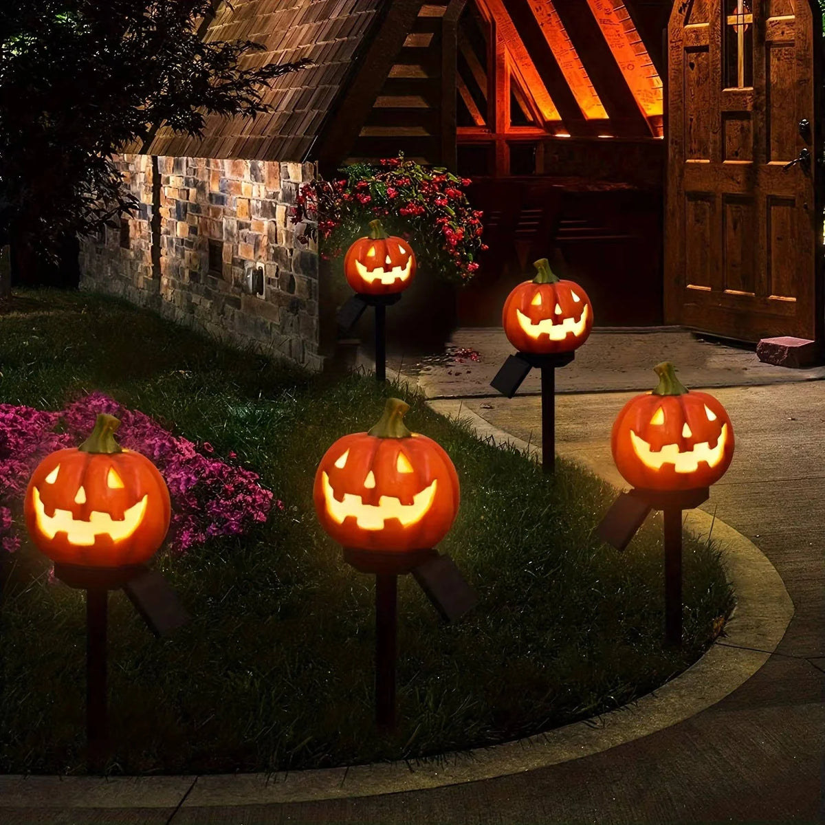Pathway Lights Pumpkin Solar Automatic Dusk Sensor Waterproof Resin