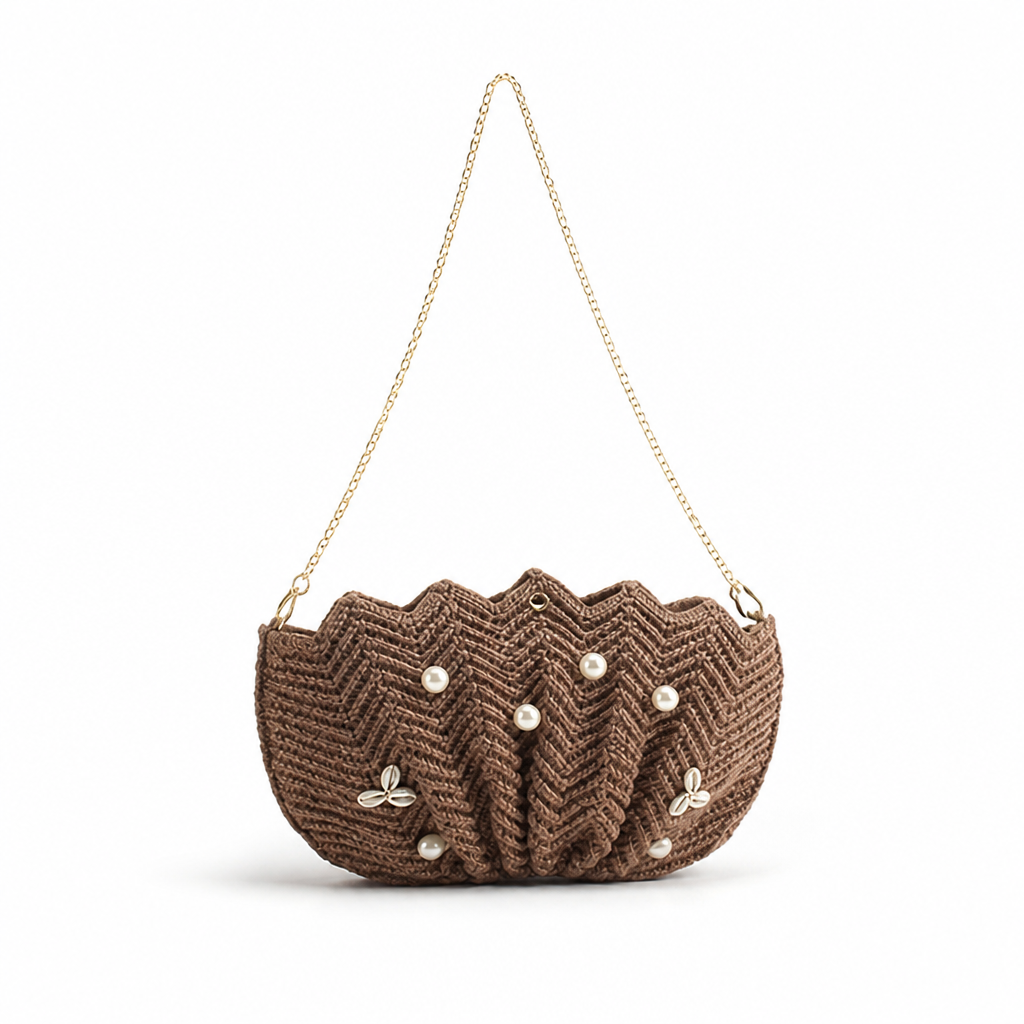 Pearl-Embellished Wave-Pattern Chain Strap Shoulder Bag