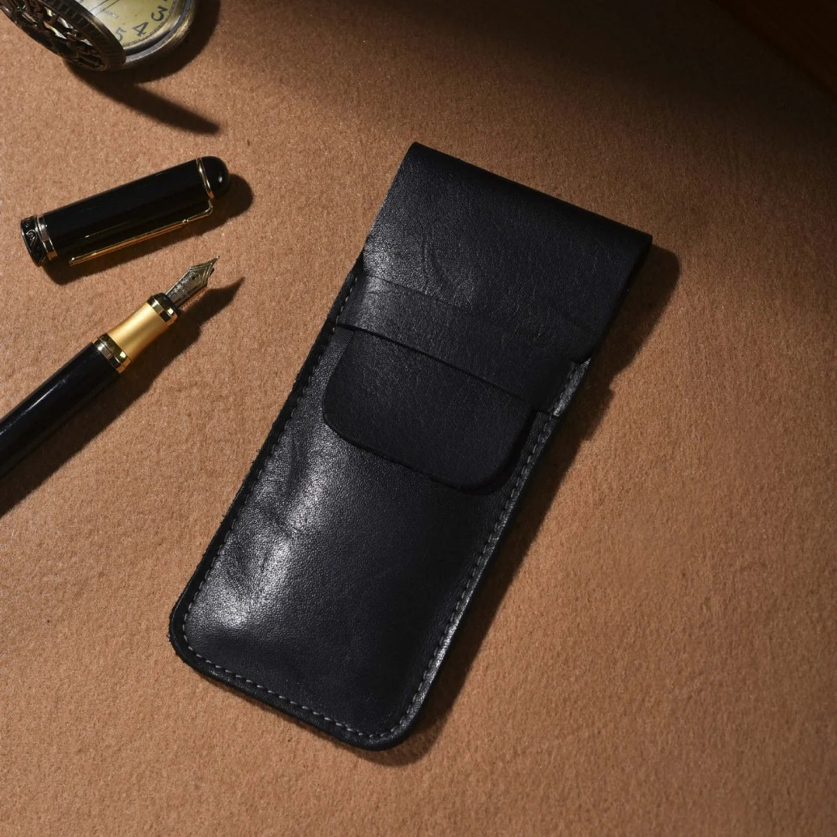 Pen Case Genuine Leather Snap-Button Closure Holds Multiple Pens