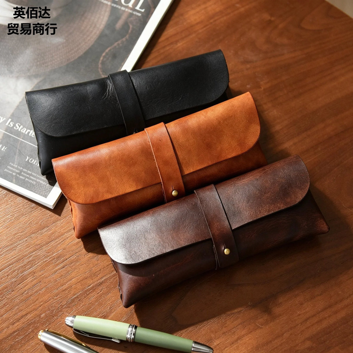 Pen Case Genuine Leather Strap Closure Compact Organizer