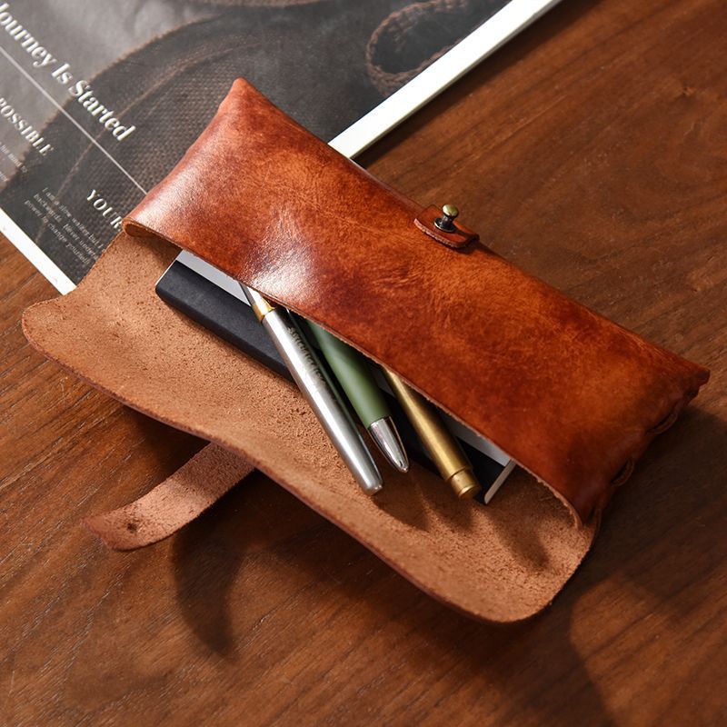 Pen Case Genuine Leather Strap Closure Compact Organizer