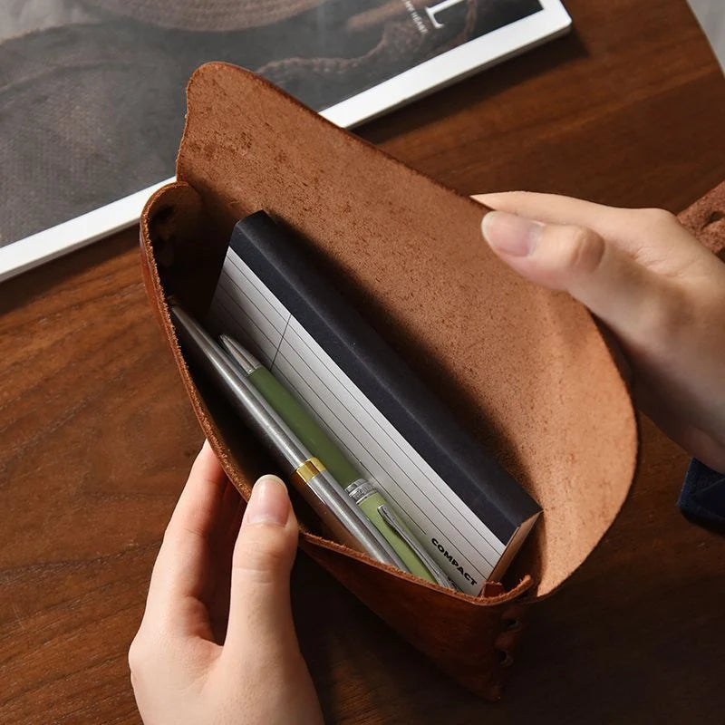 Pen Case Genuine Leather Strap Closure Compact Organizer