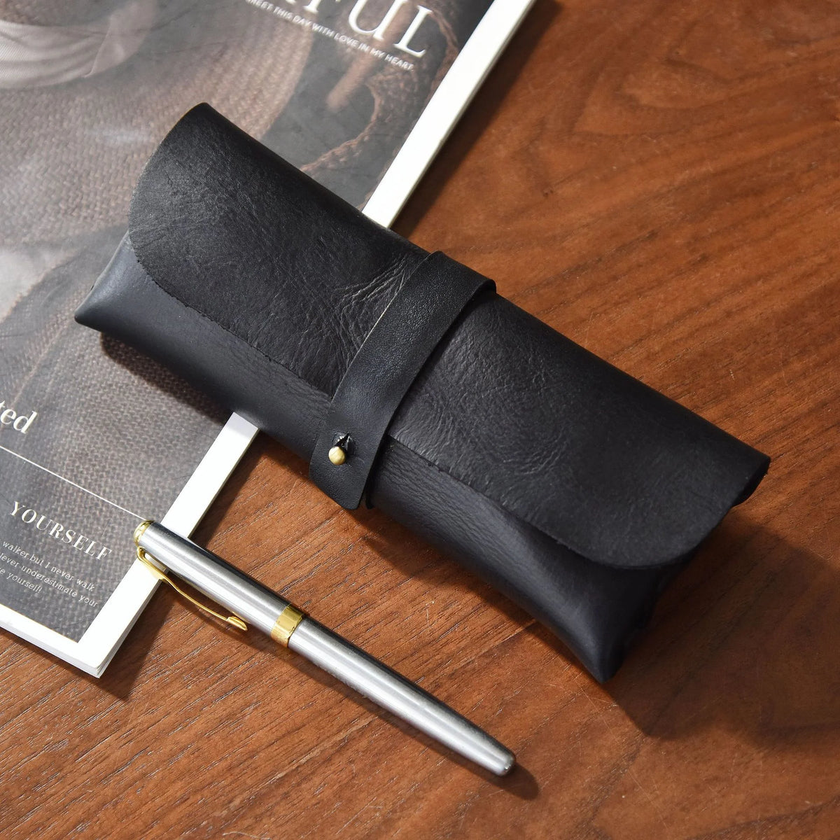 Pen Case Genuine Leather Strap Closure Compact Organizer