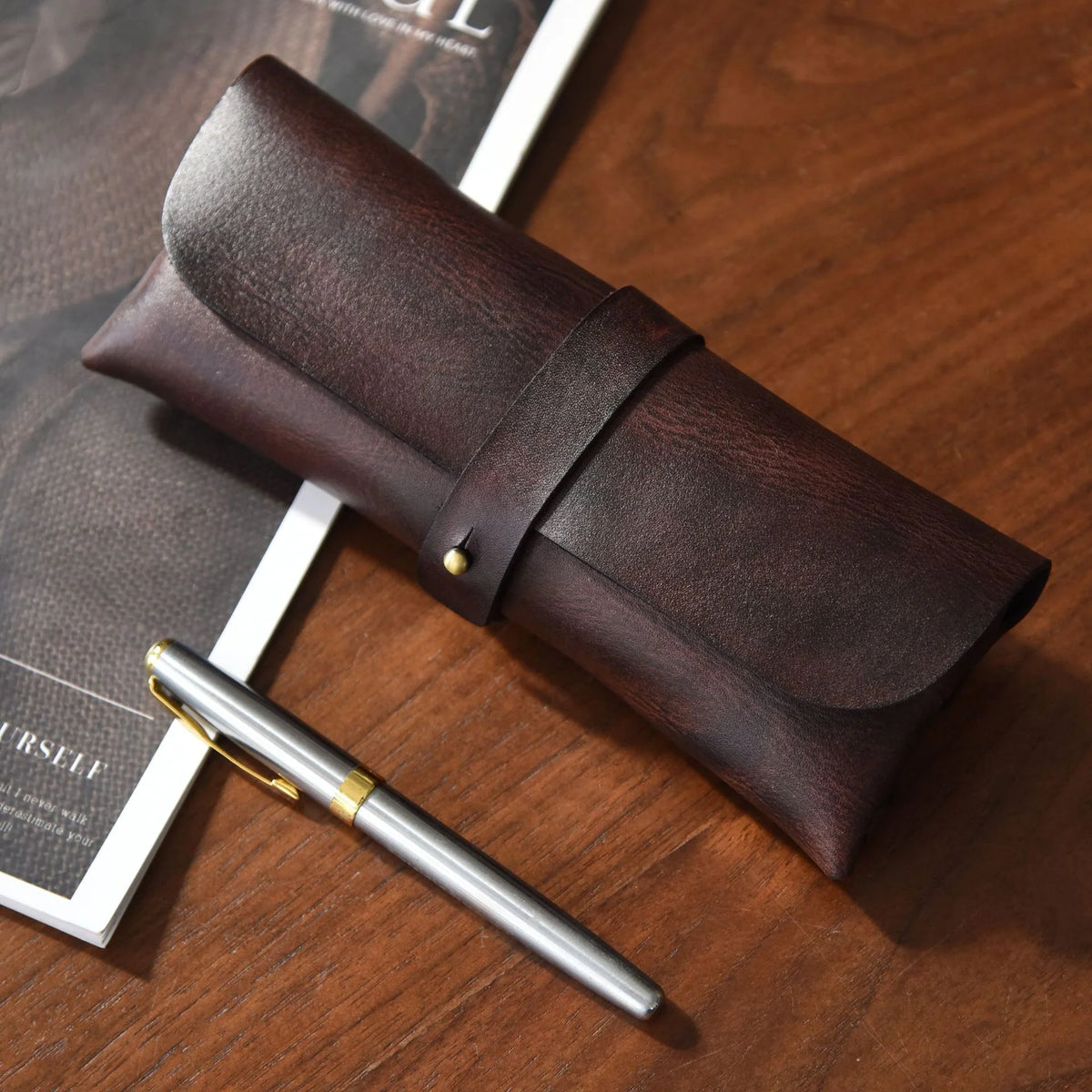Pen Case Genuine Leather Strap Closure Compact Organizer