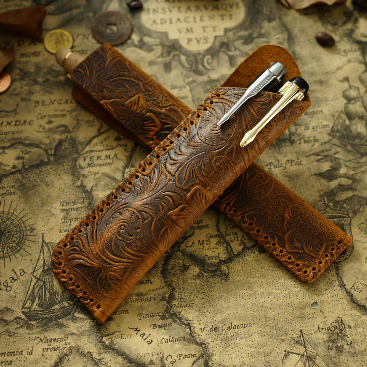 Pen Case Leather Floral Embossed Handmade Spacious Storage