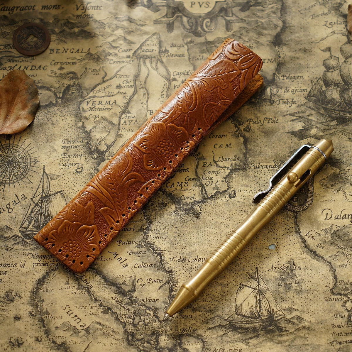 Pen Case Leather Floral Embossed Handmade Spacious Storage