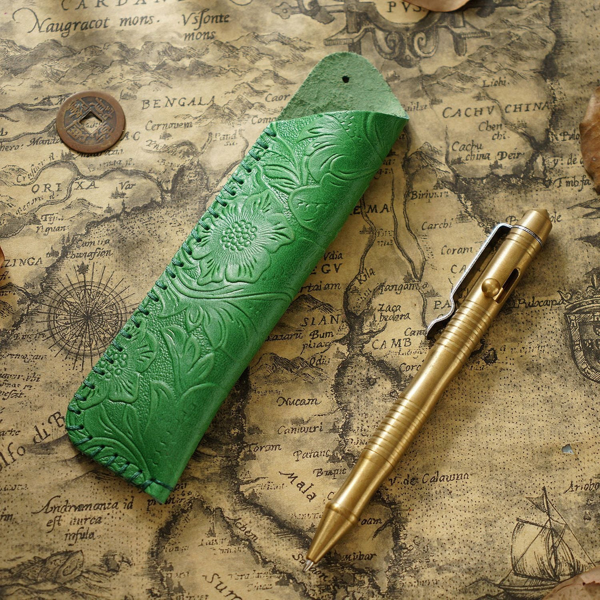 Pen Case Leather Floral Embossed Handmade Spacious Storage