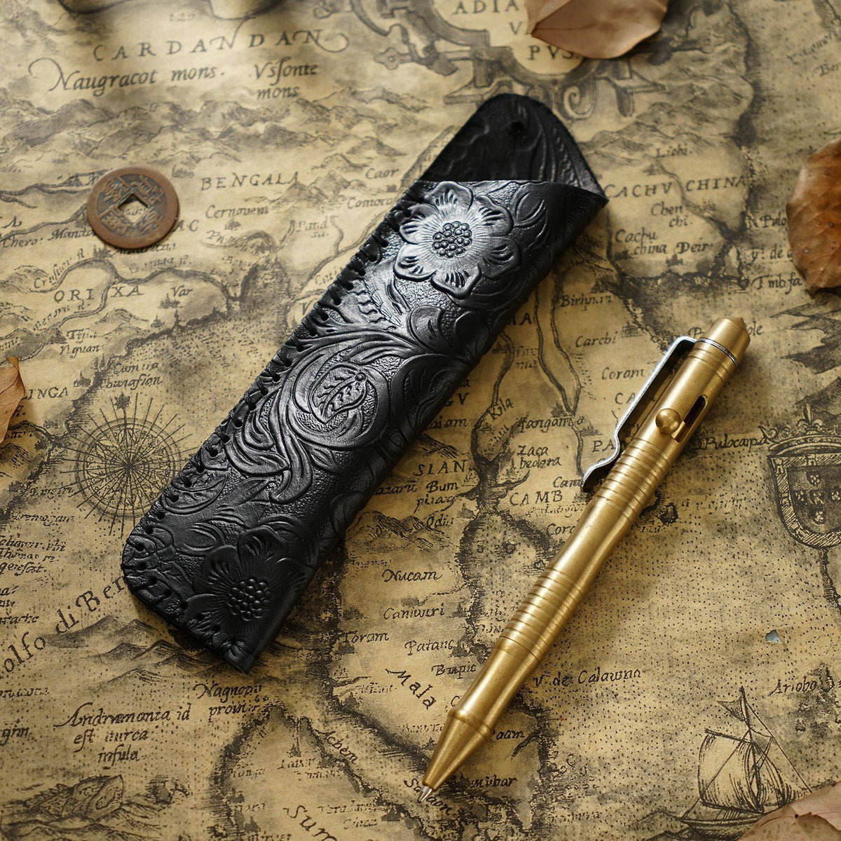 Pen Case Leather Floral Embossed Handmade Spacious Storage
