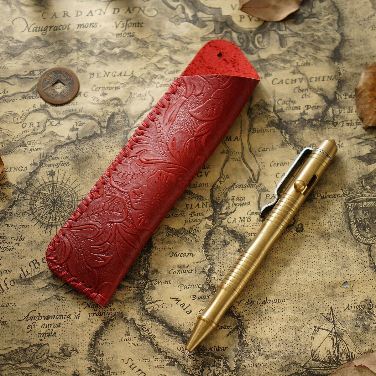 Pen Case Leather Floral Embossed Handmade Spacious Storage