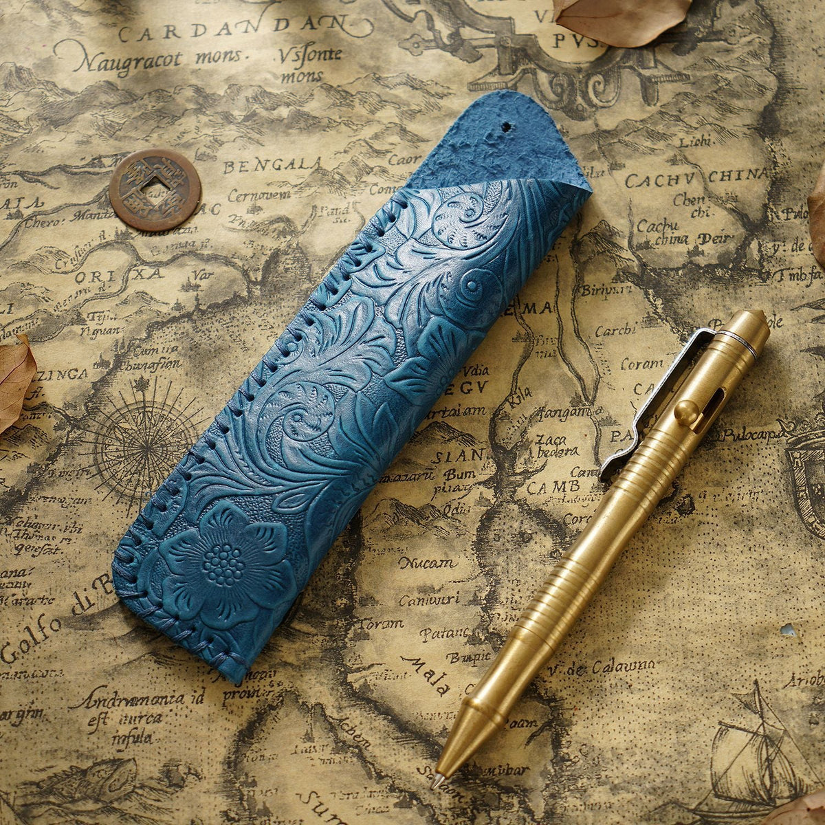 Pen Case Leather Floral Embossed Handmade Spacious Storage