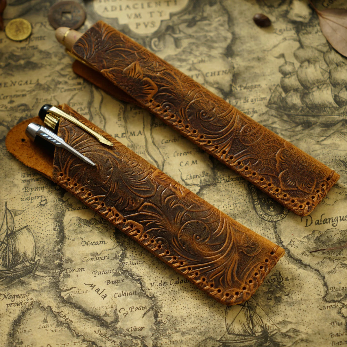 Pen Case Leather Floral Embossed Handmade Spacious Storage