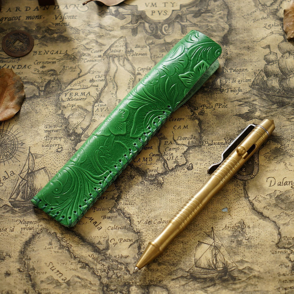 Pen Case Leather Floral Embossed Handmade Spacious Storage