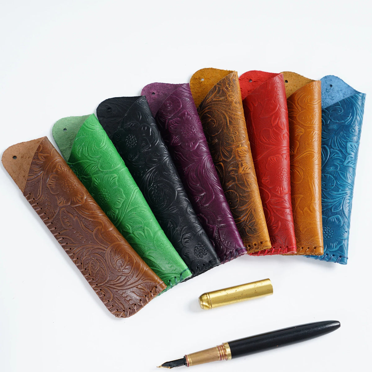 Pen Case Leather Floral Embossed Handmade Spacious Storage