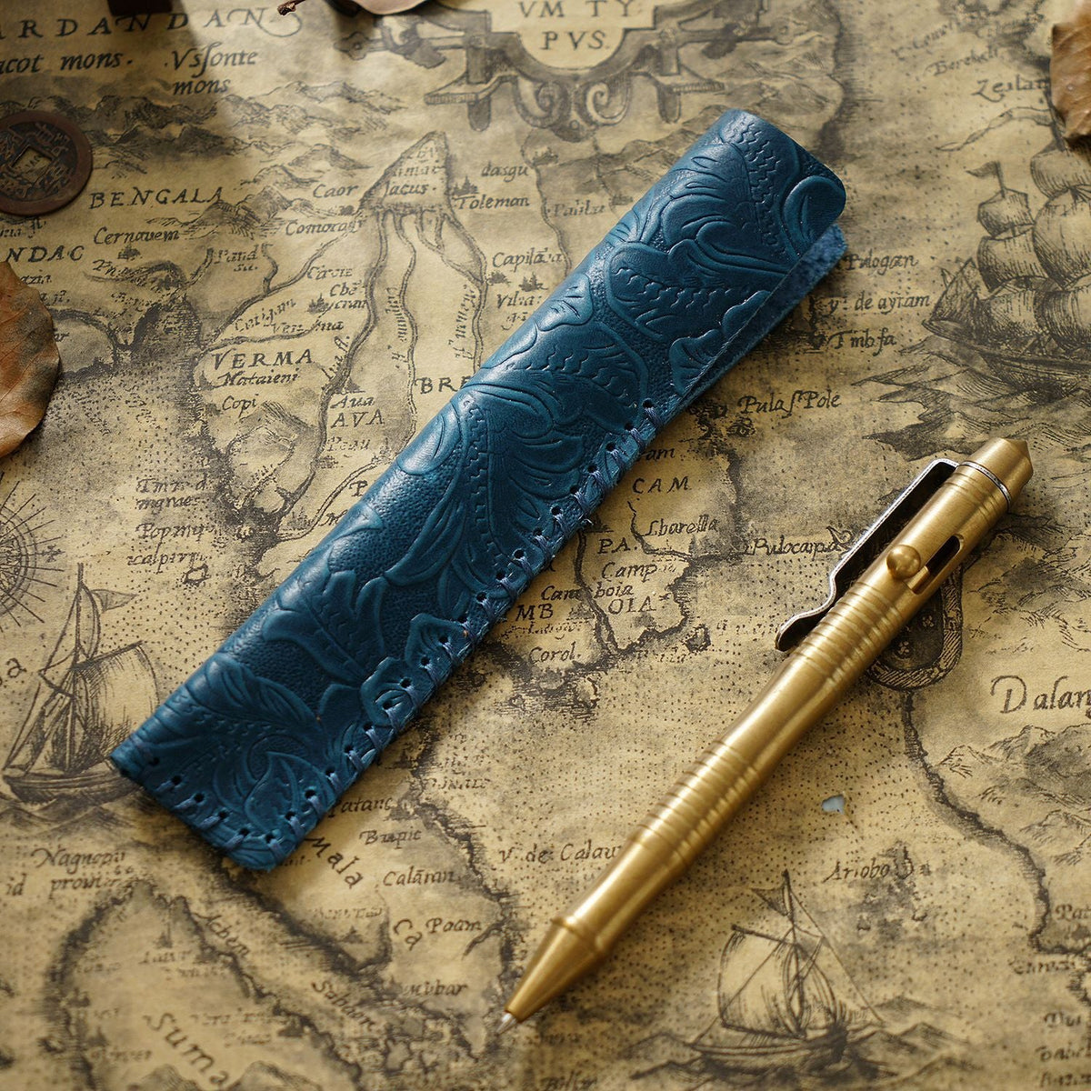 Pen Case Leather Floral Embossed Handmade Spacious Storage