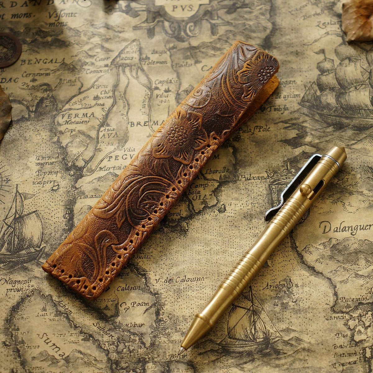 Pen Case Leather Floral Embossed Handmade Spacious Storage