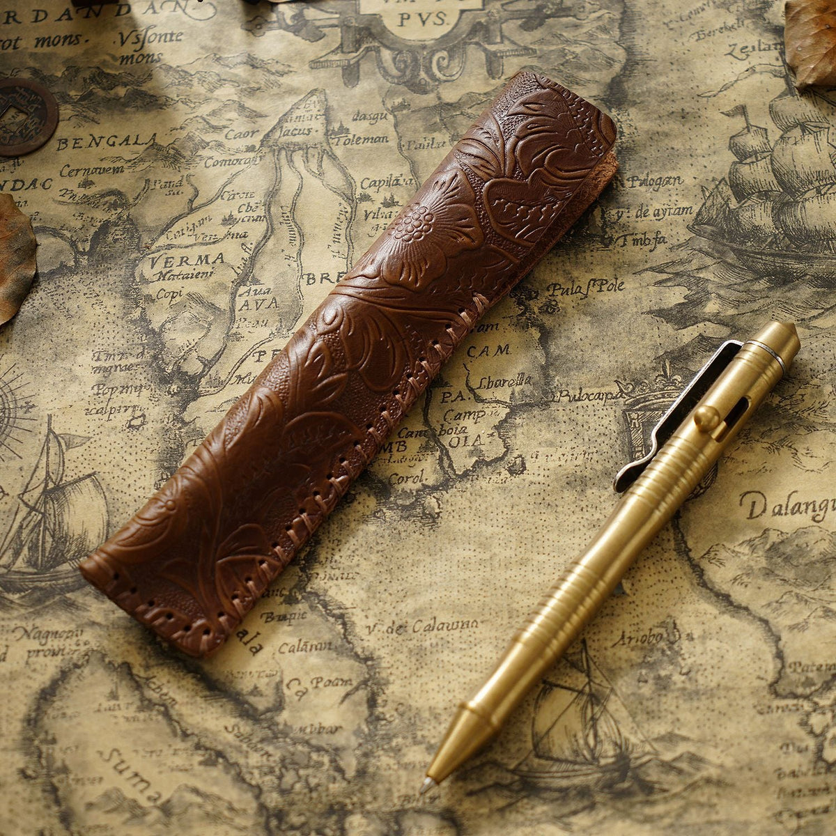 Pen Case Leather Floral Embossed Handmade Spacious Storage