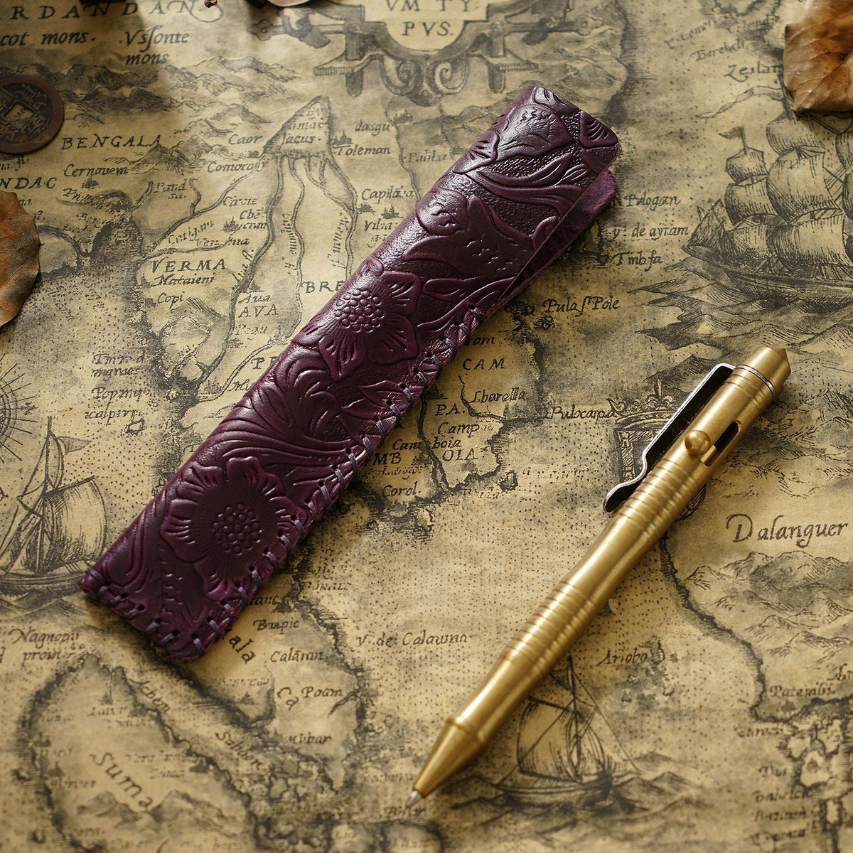 Pen Case Leather Floral Embossed Handmade Spacious Storage