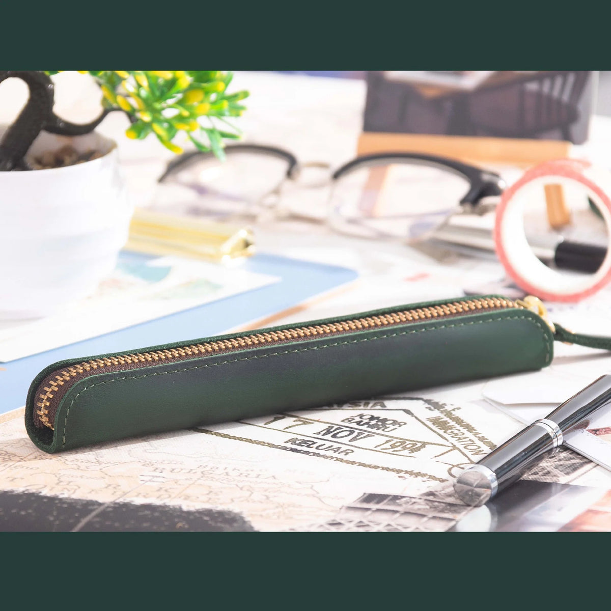 Pencil Case Genuine Leather Zipper Closure Compact Design