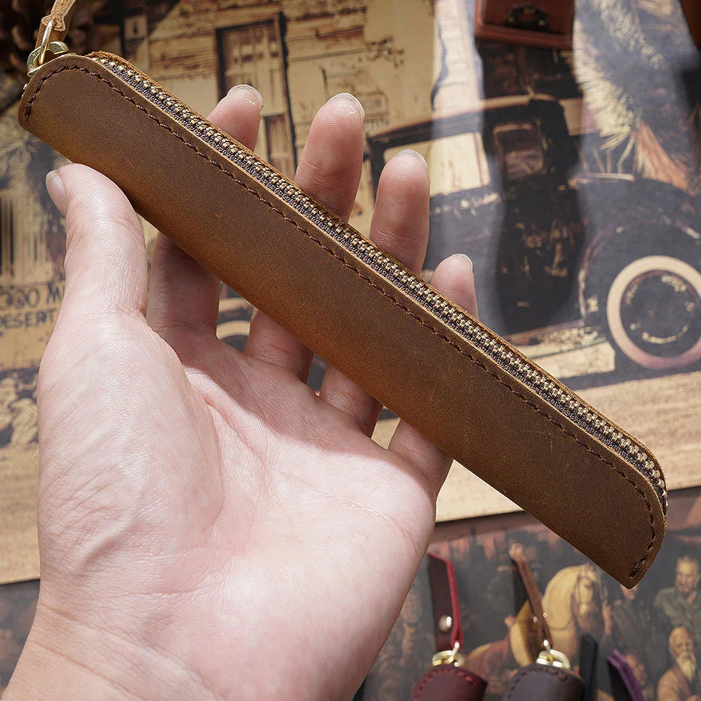 Pencil Case Genuine Leather Zipper Closure Compact Design