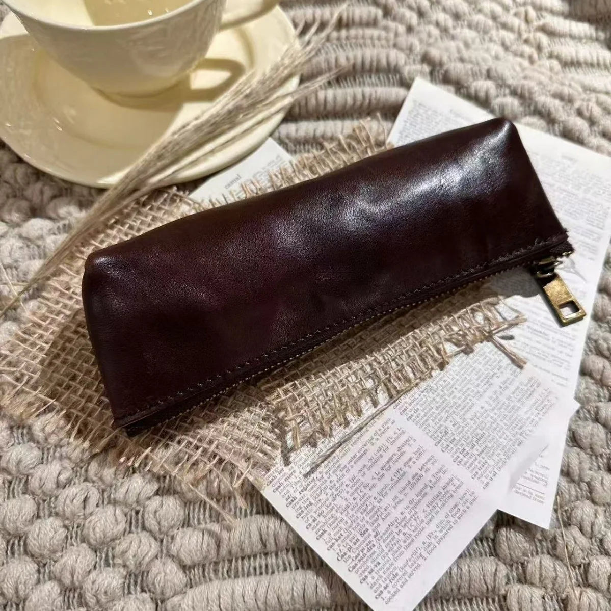 Pencil Case Genuine Leather Zipper Closure Compact Design
