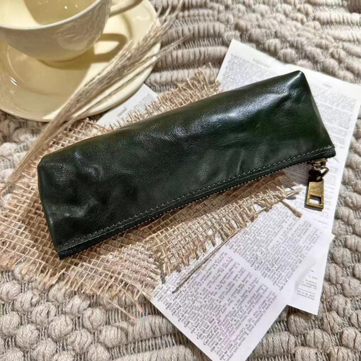 Pencil Case Genuine Leather Zipper Closure Compact Design
