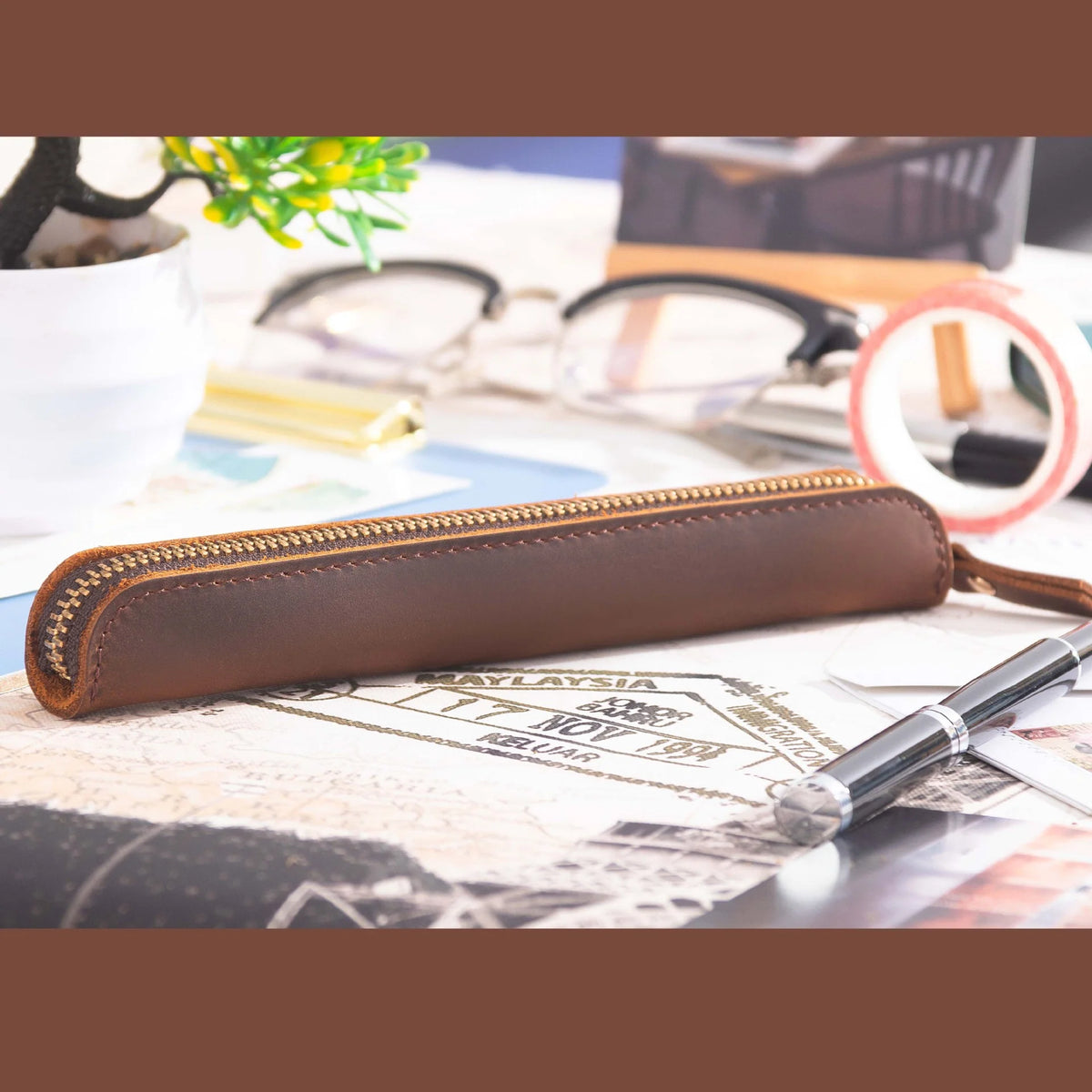 Pencil Case Genuine Leather Zipper Closure Compact Design