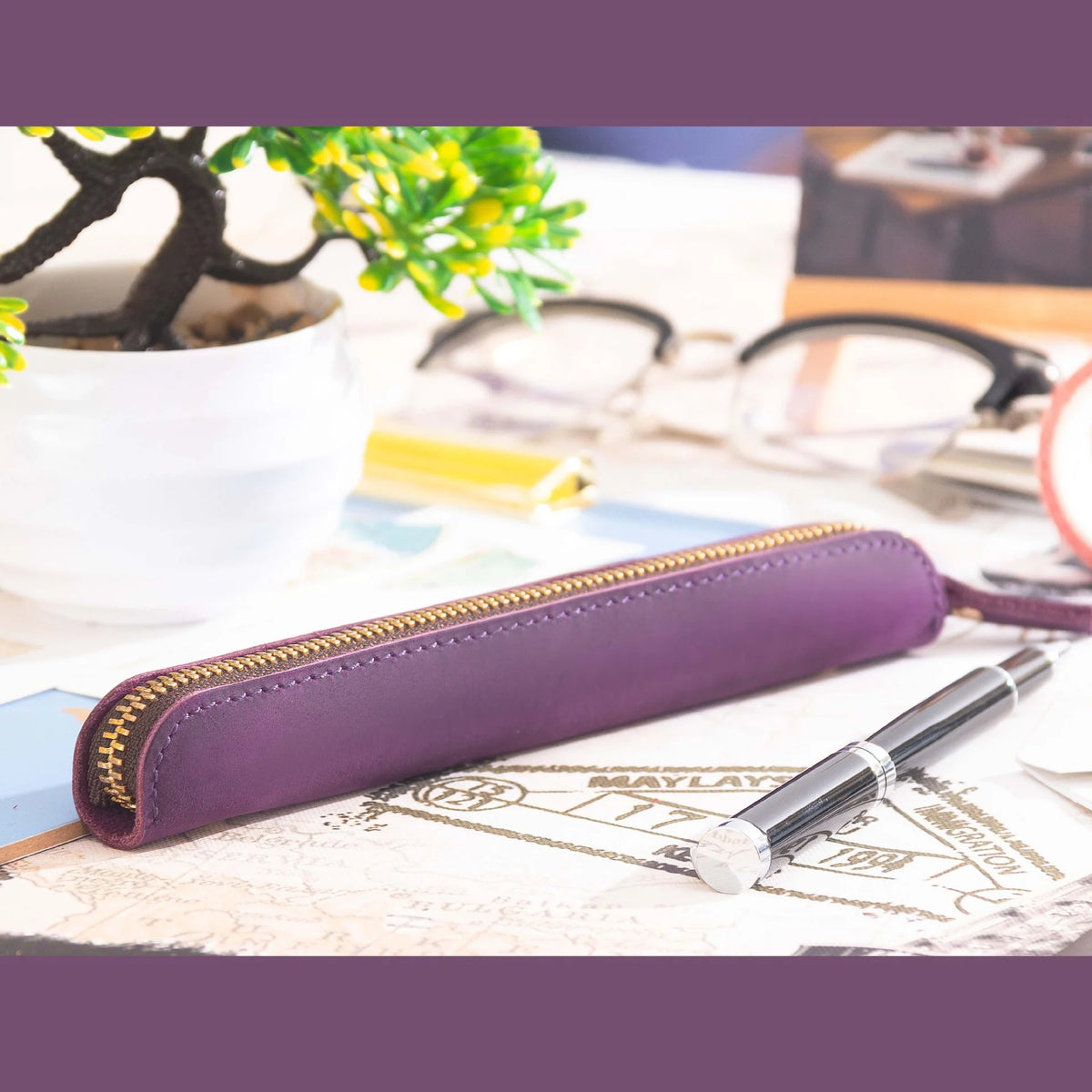 Pencil Case Genuine Leather Zipper Closure Compact Design