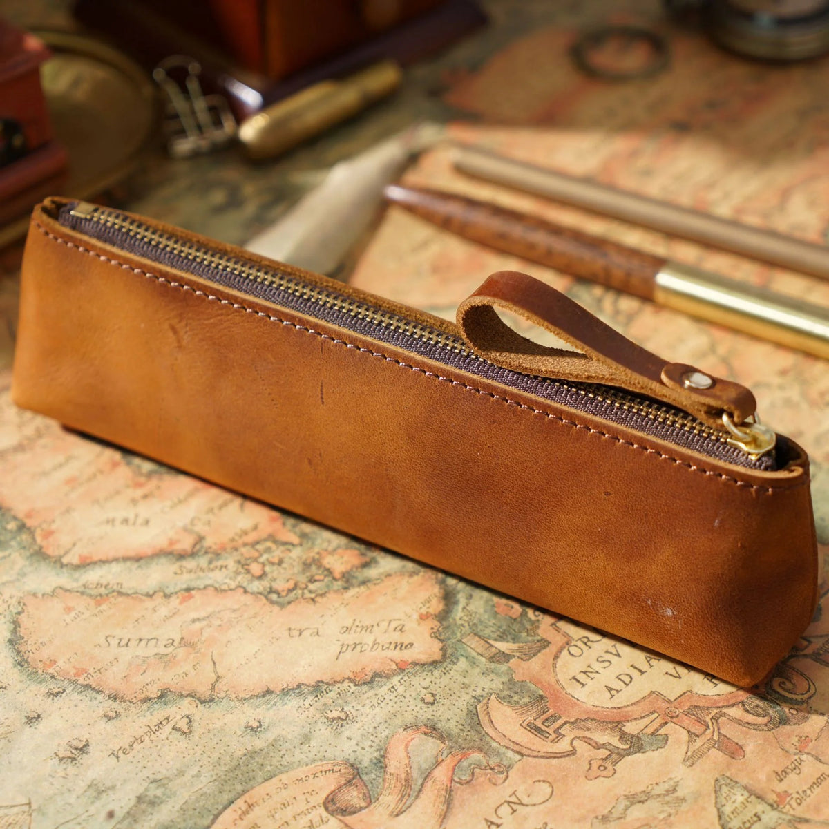 Pencil Case Genuine Leather Zipper Closure Slim Profile
