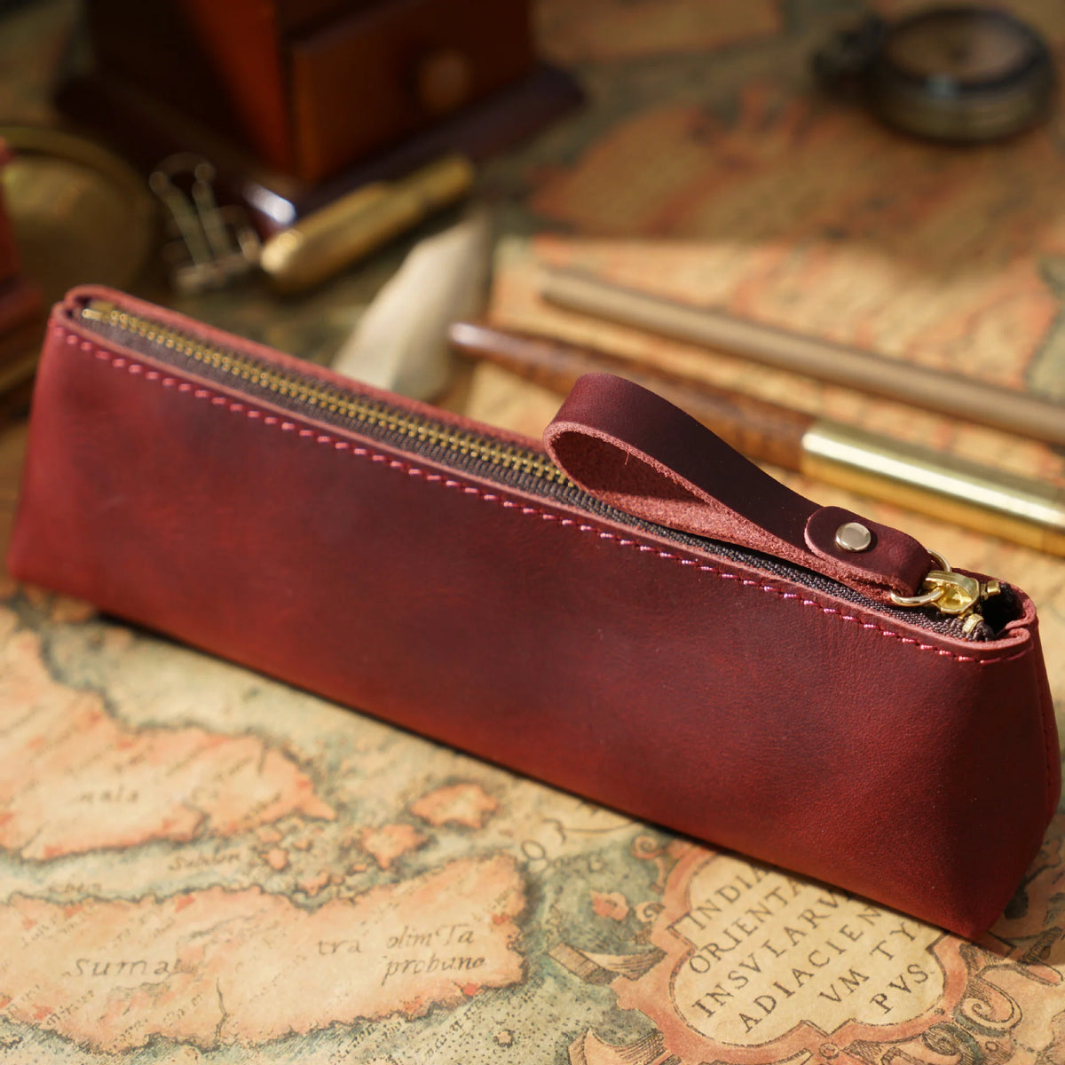 Pencil Case Genuine Leather Zipper Closure Slim Profile