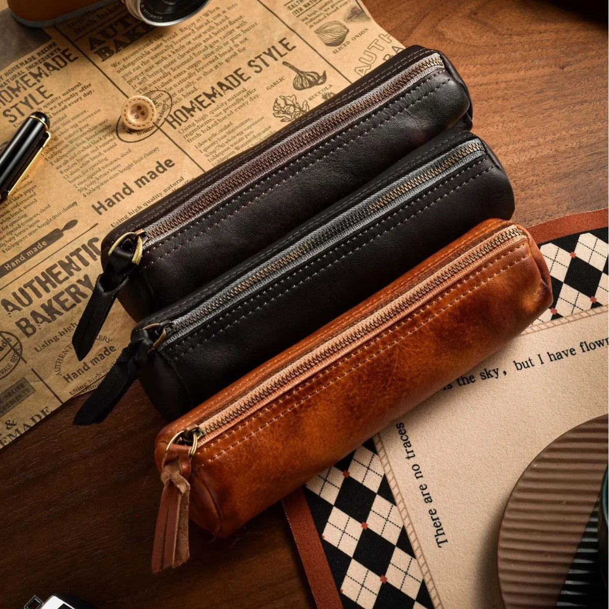 Pencil Case Leather Zipper Closure Roomy Interior