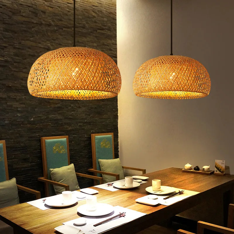 Pendant Lamp Handwoven Bamboo Adjustable Drop Ceiling Rose Compatible
