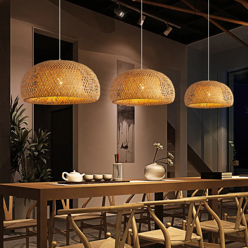 Pendant Lamp Handwoven Bamboo Adjustable Drop Ceiling Rose Compatible